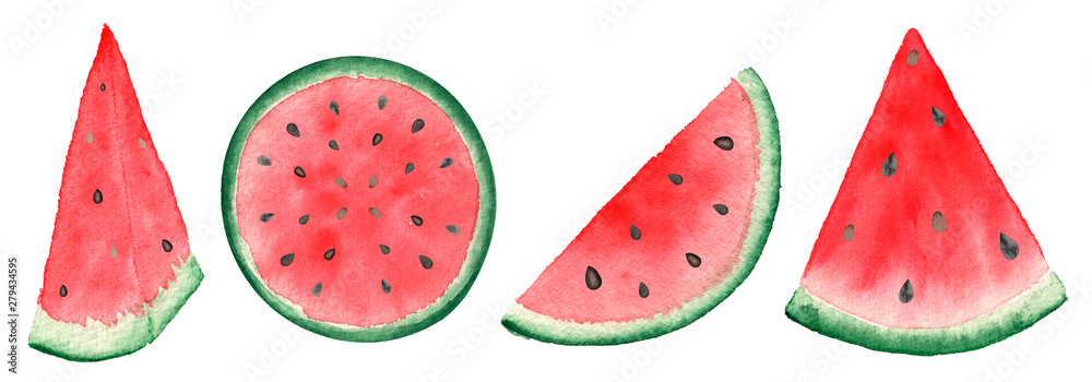 slices of watermelon on white background. Watercolor hand-painted illustration of sweet melon. slices of watermelon on white background. Watercolor hand-painted illustration of sweet melon.