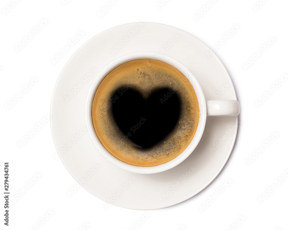 coffee cup with heart sign, top view isolated on white background, with clipping path. coffee cup with heart sign, top view isolated on white background, with clipping path.