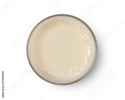 Cup with soy milk bubble foam top view isolated on white background, with clipping path.