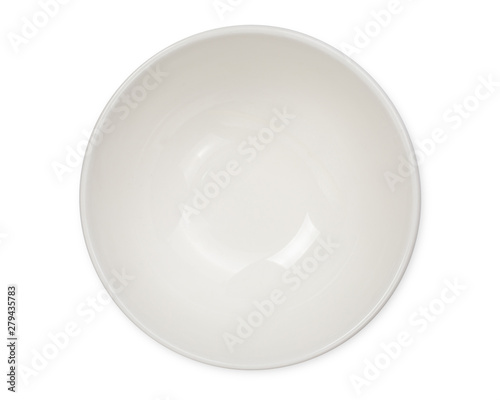 Fotografie top view of empty white bowl with green edge isolated on white background, with clipping path