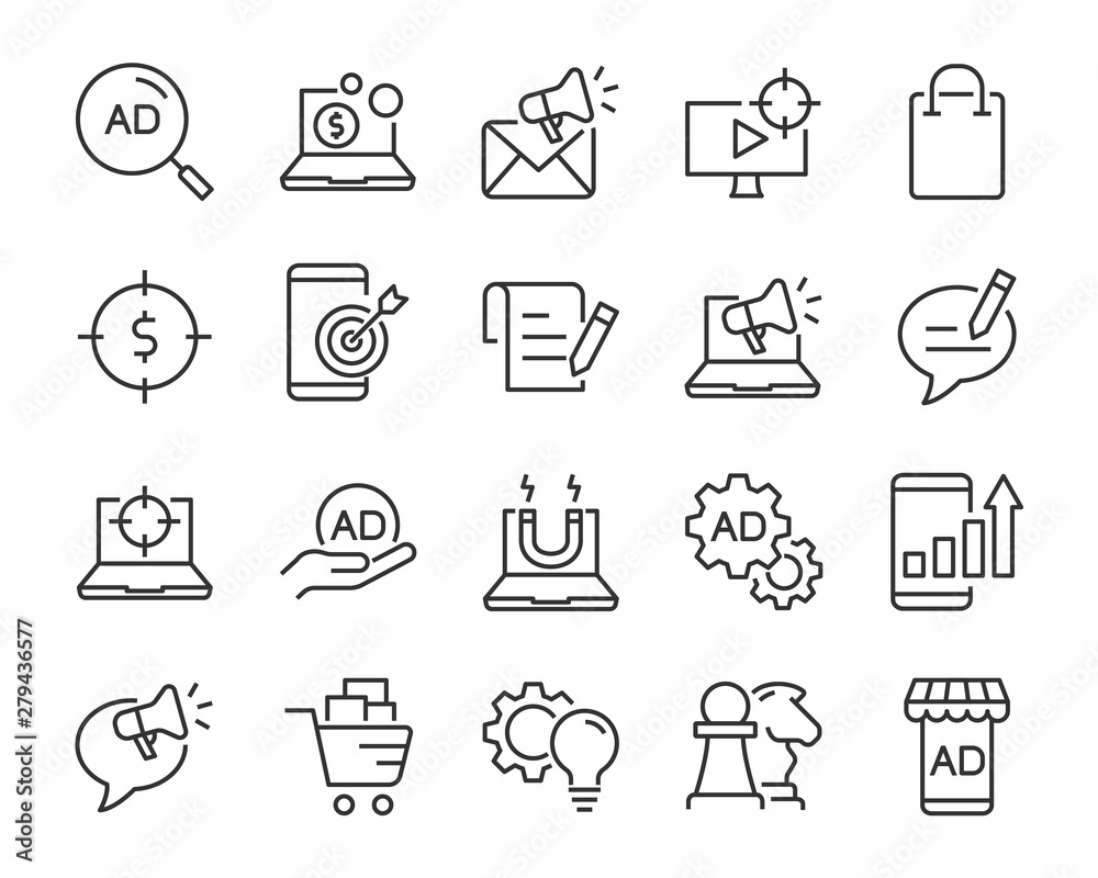 set of marketing icons, such as customer, analytics, advertise