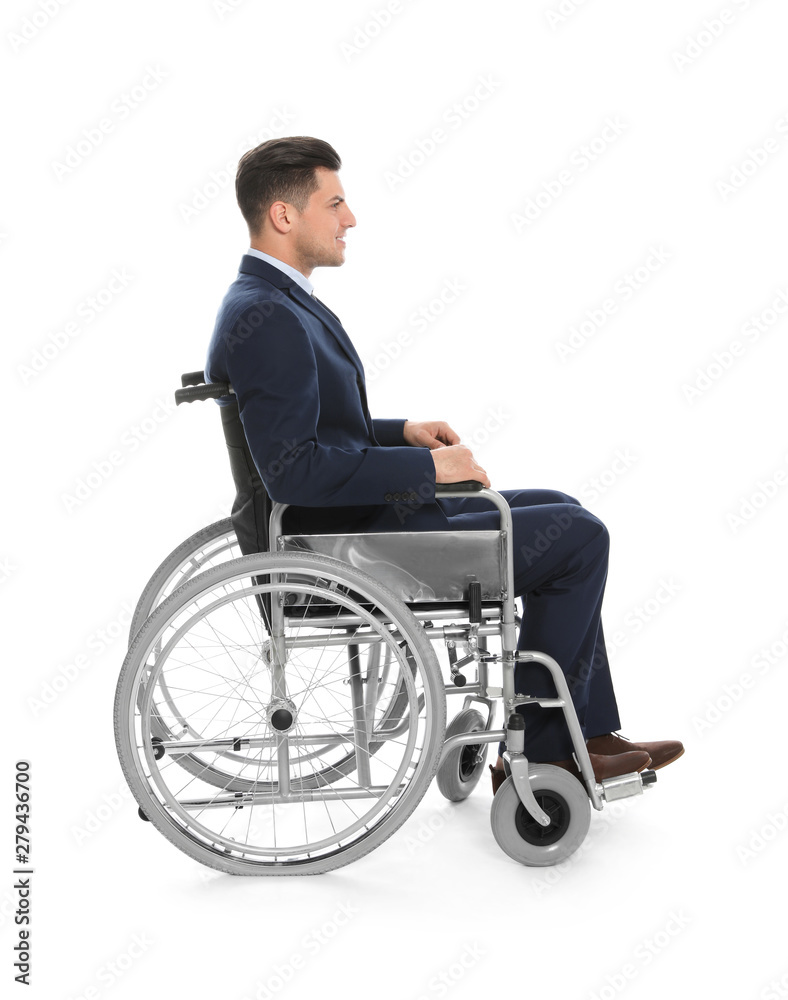 Handsome young businessman in wheelchair isolated on white Handsome young businessman in wheelchair isolated on white