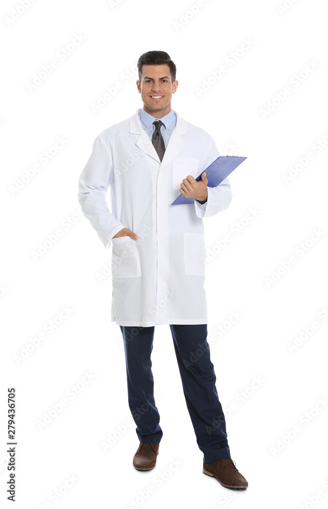 Full length portrait of medical doctor with clipboard isolated on white Full length portrait of medical doctor with clipboard isolated on white