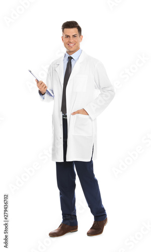 Full length portrait of medical doctor with clipboard isolated on white