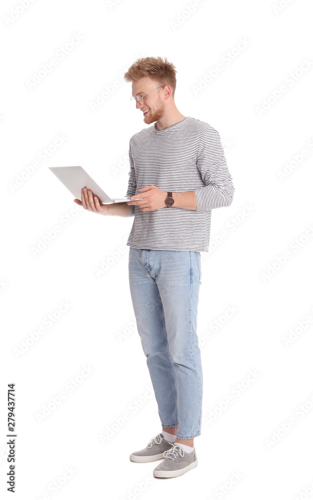 Happy man with laptop on white background Happy man with laptop on white background