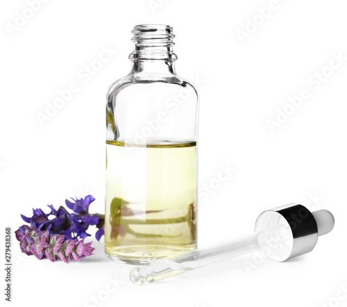 Bottle of sage essential oil, pipette and flowers isolated on white