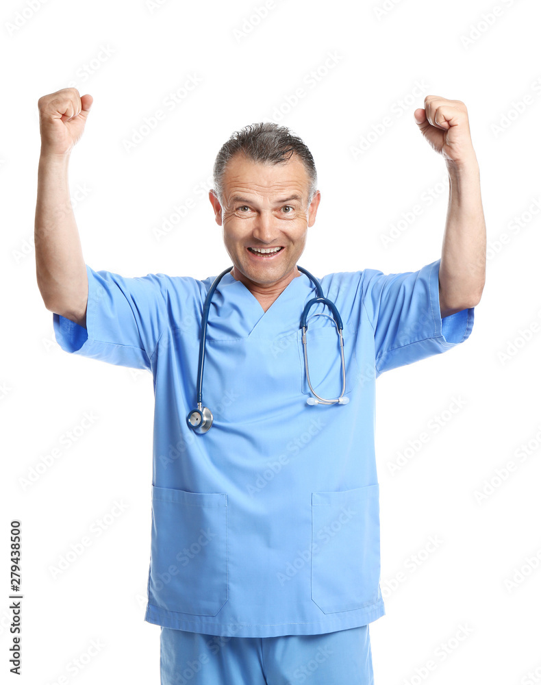 Portrait of experienced doctor in uniform on white background. Medical service Portrait of experienced doctor in uniform on white background. Medical service
