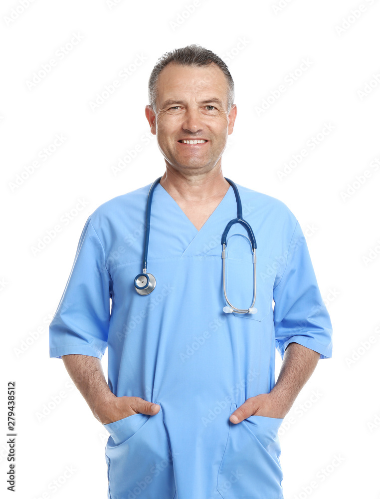 Portrait of experienced doctor in uniform on white background. Medical service Portrait of experienced doctor in uniform on white background. Medical service