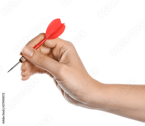 Young woman holding dart on white background  closeup
