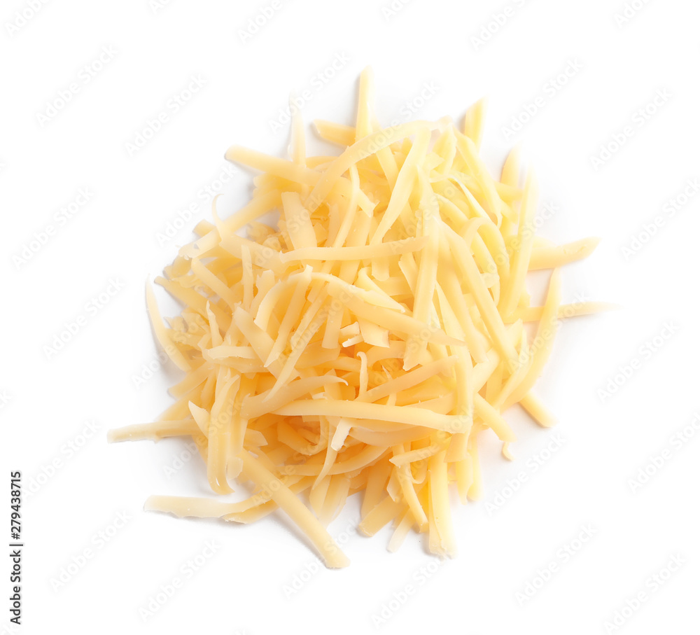 Heap of grated delicious cheese on white background Heap of grated delicious cheese on white background