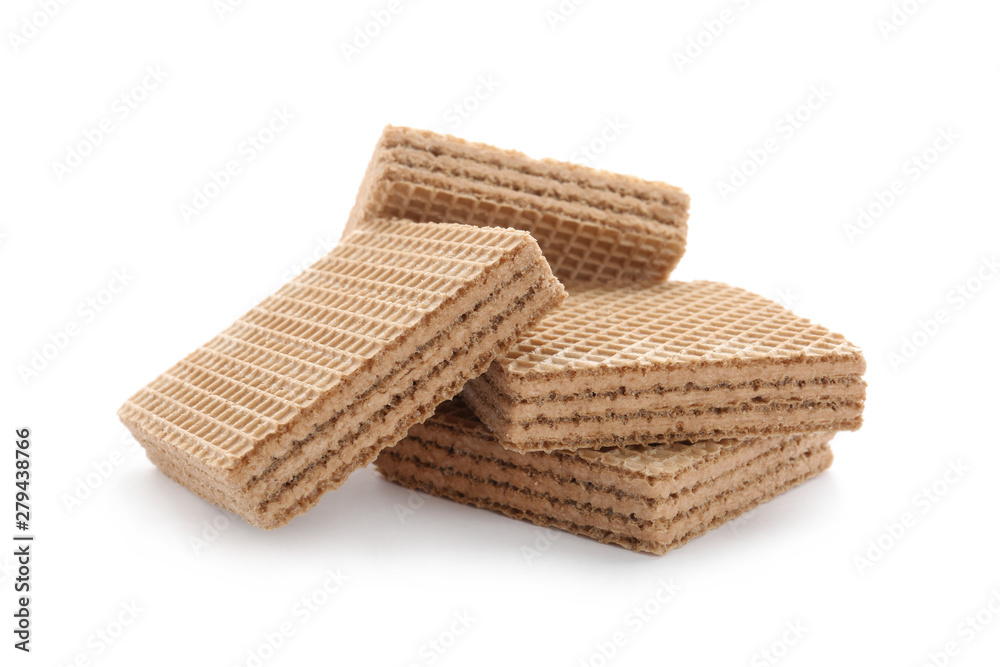 Delicious crispy wafers on white background. Sweet food Delicious crispy wafers on white background. Sweet food