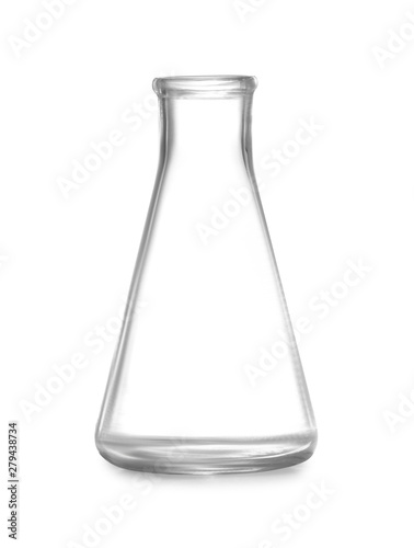 Empty conical flask on white background. Chemistry glassware