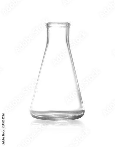 Empty conical flask on white background. Chemistry glassware