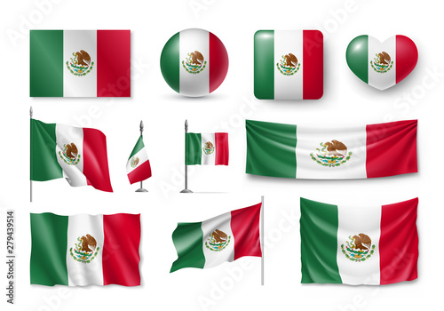 Various flags of Mexico independent country set. Realistic waving national flag on pole, table flag and different shapes badges. Patriotic mexican 3d rendering symbols isolated vector illustration. photo