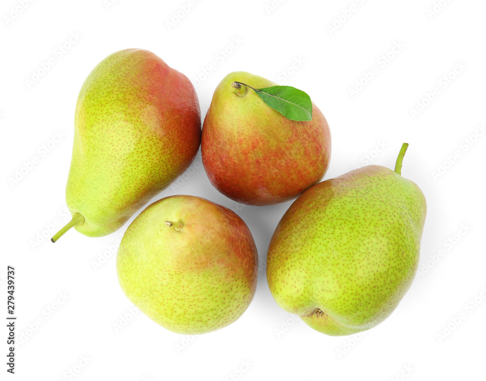 Heap of ripe juicy pears isolated on white, top view Heap of ripe juicy pears isolated on white, top view