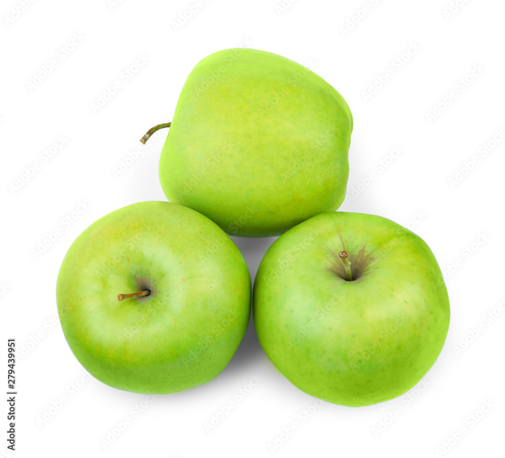 Fresh ripe green apples on white background, top view Fresh ripe green apples on white background, top view