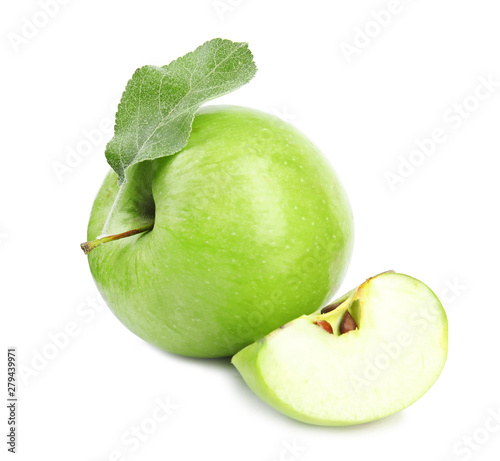 Fresh ripe green apples with leaf on white background