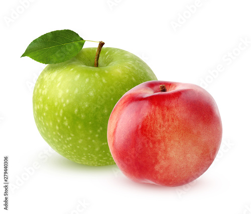 Green Apple with leaf and nectarine, isolated on white
