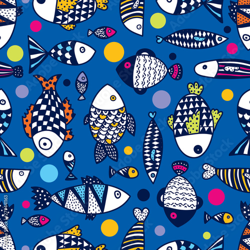 Cute fish.  Kids line background. Seamless pattern. Can be used in textile industry, paper, background, scrapbooking.