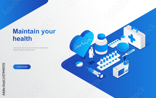 Online Pharmacy store concept with doctor / pharmacist character. Usable as web banner, infographics, social media post. Flat isometric design vector illustration. 