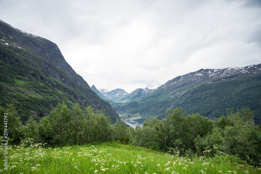 Panoramic view from the high mountains down to the Geiranger Fjord (UNESCO World Heritage Site). Three huge sea cruisers which look tiny like matchboxes  in the scenic bay. Green foliage framing.