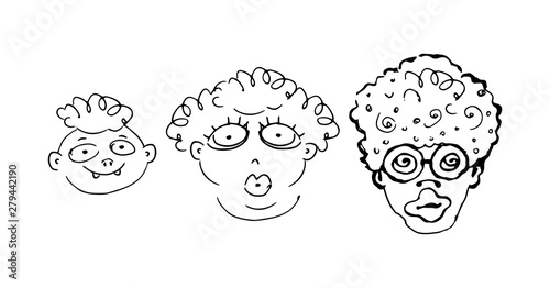Persons set. Female, male and child. Hand drawn doodle contour black and white vector isolated illustration.