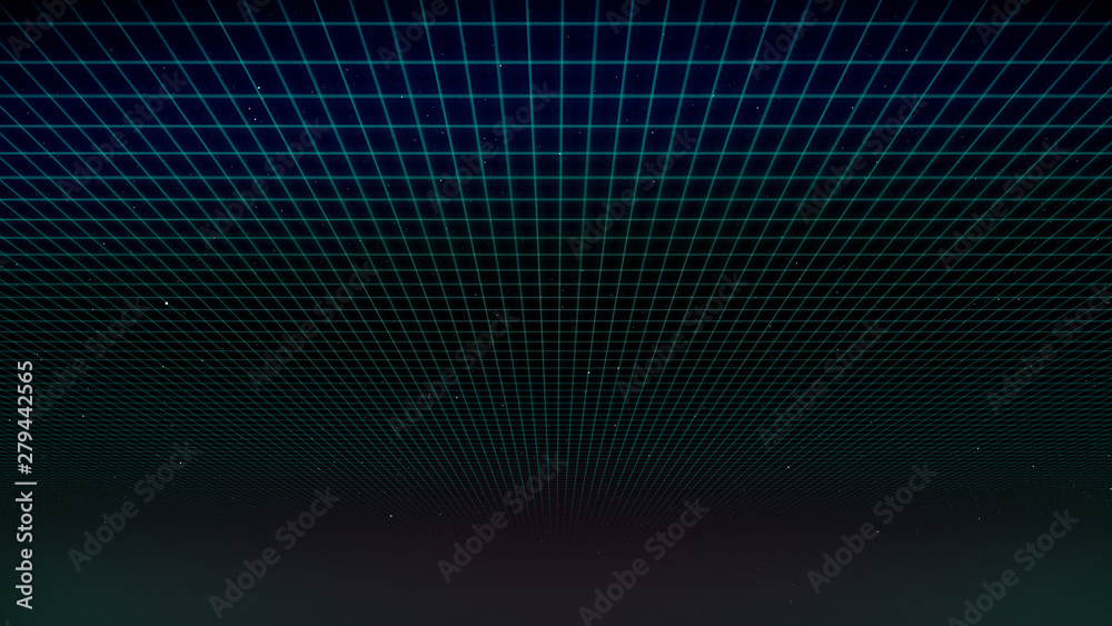 Retro Sci-Fi Background Futuristic landscape of the 80`s. Digital Cyber Surface. Suitable for design in the style of the 1980`s - obrazy, fototapety, plakaty 