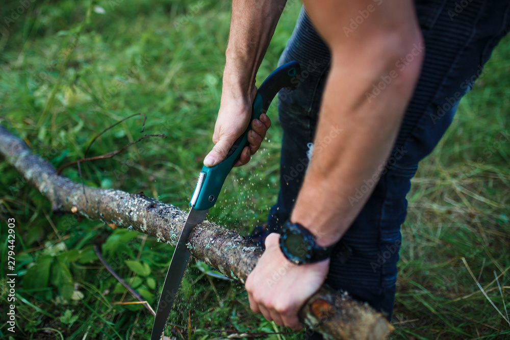 Using a small tourist hand saw in the hike. Male hand sawing firewood folding saw orange