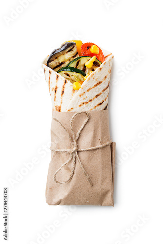 Vegan tortilla wrap, roll with grilled vegetables. isolated on white background
