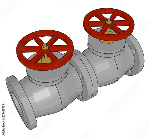 Double red ball valve, illustration, vector on white background., illustration, vector on white background.