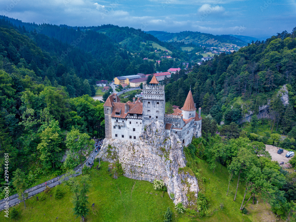 Aerial panorama view of the medieval Bran Castle, known for the myth of Dracula , Dracula Castle in Brasov, Transylvania. Romania.