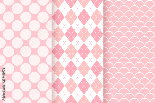 Baby pattern. Kids seamless texture. Baby girl background. Vector. Pink pastel geometric textile print. Cute childish backdrop with big polka dots, rhombus and fish scales. Flat design illustration.