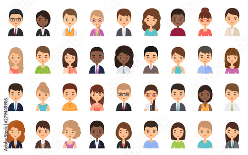 People faces. Avatar character in flat design. Business person. Vector. Men and women icons isolated on white background. Set female, male office workers. Cartoon illustration.
