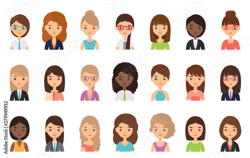 Women faces. Avatar female character in flat design. Business girls. Vector. People icons isolated on white background. Set office workers. Cartoon illustration.