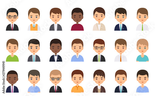 Men faces. Avatar male character in flat design. Business person. Vector. People icons isolated on white background. Set office workers. Cartoon illustration.