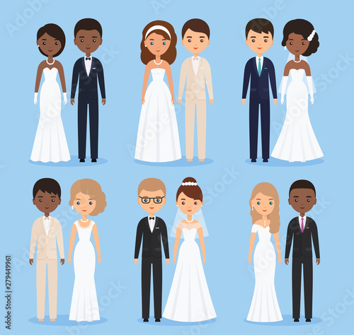 Bride and groom. Interracial newlywed, mixed couple. Cartoon wedding characters standing isolated. Vector illustration. Animated Caucasian, black avatars people. Icons male, female person. Flat design