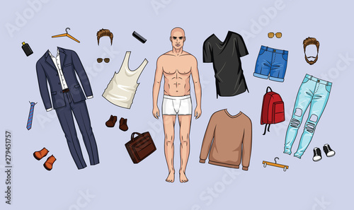 Vector illustration of a set of clothes and accessories for men. Urban fashion wardrobe, casual style and business suit for men. A man with clothes, shoes, bags and hairstyle elements for games photo