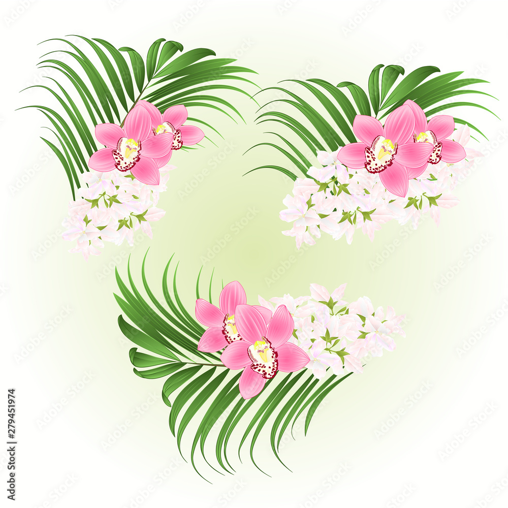 Bouquet with tropical flowers  floral arrangement, with beautiful pink orchids cymbidium and palm vintage vector illustration  editable hand draw