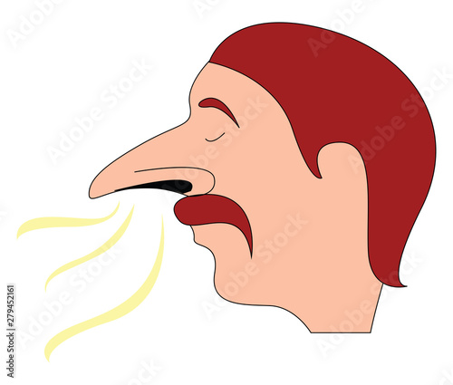 Man with big nose smelling, illustration, vector on white background.