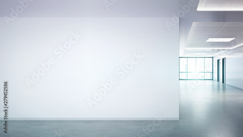 Blank wall in bright office mockup with large windows and sun passing through 3D rendering