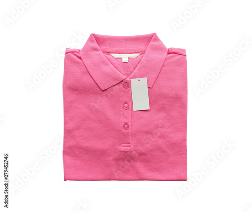 Blank white clothes tag label on new pink shirt isolated on white background © Piman Khrutmuang