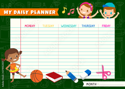 Daily planner with cute kids cartoon characters. A timetable for elementary school. Children weekly schedule design template Vector illustration.