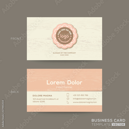 business card for gift shop, coffee or bakery shop. Pink pastel name card design template with wooden background