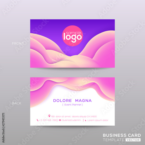 business card with abstract violet background with pink wavy curved shape background
