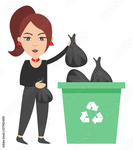 Woman taking out trash, illustration, vector on white background.