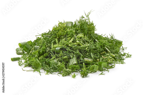 Chopped herbs - parsley, dill and onion, ingredients for cooking, close-up, isolated on white background