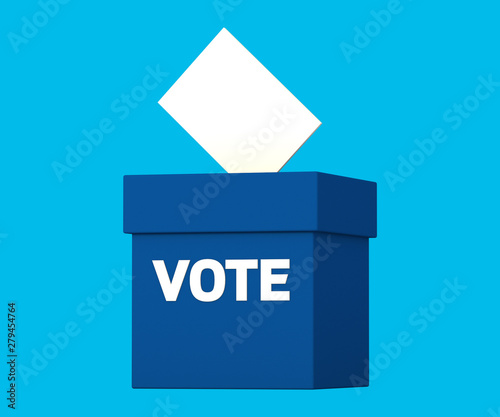 Blue Democratic Voting Ballot Box with a Vote Ballot on Isolated Blue Background. 3D Illustration