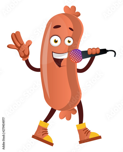 Sausage on microphone, illustration, vector on white background.