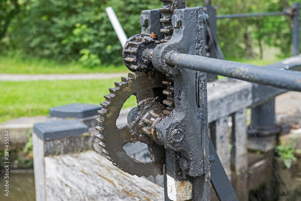 Old winding gear on canal lock gate
