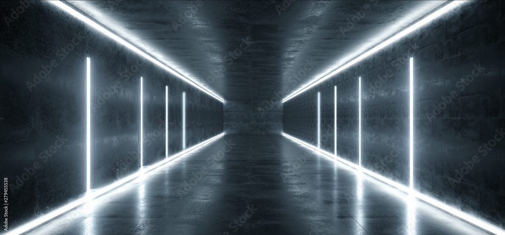 Sci Fi Futuristic Modern Grunge Concrete White Blue Glowing Stage Hall Garage Underground Room Tunnel Corridor Dark Reflective Empty Background Spaceship Gate 3D Rendering